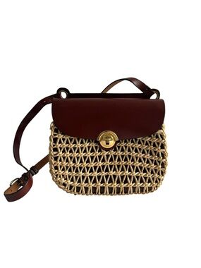 Vintage Woven Rattan Crossbody with Brown Leather Flap